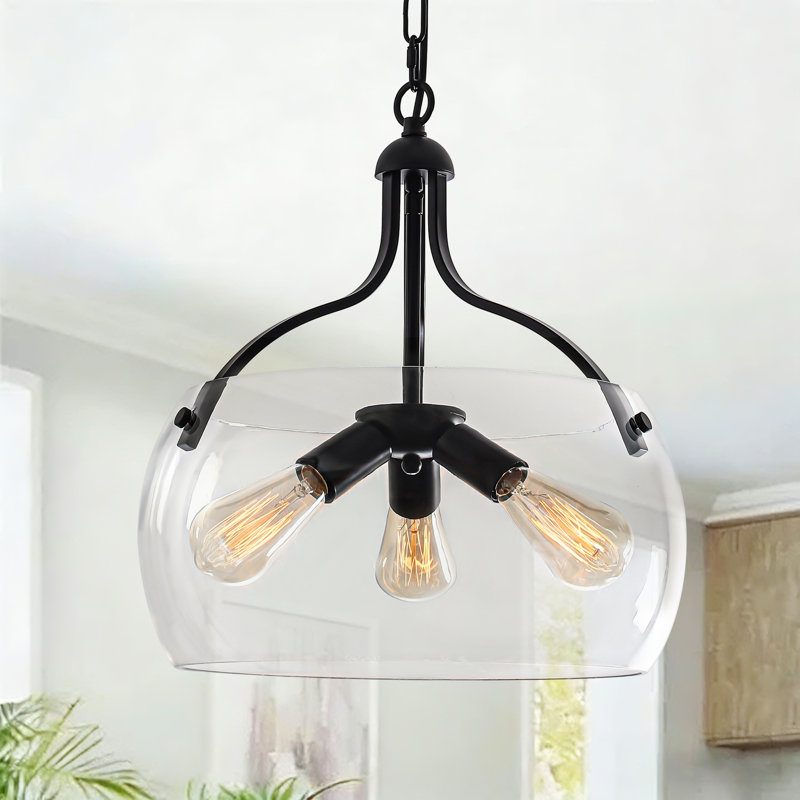 3-Light  Industrial Drum Chandelier With Clear Glass Shade, 3