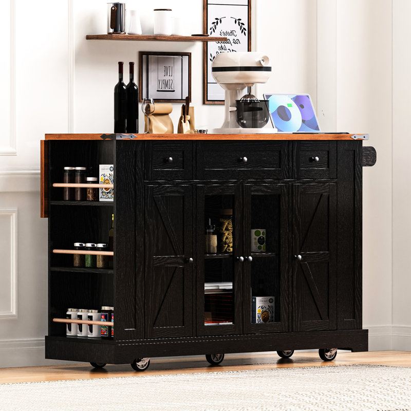 Black Kitchen Island With Two Tempered Glass Cabinet Doors, 53'' Rolling Cart, 5 Open Shelves, 3 Drawers, Drop Leaf, Power Outlet For & Dining , Cart Leaf And Supply