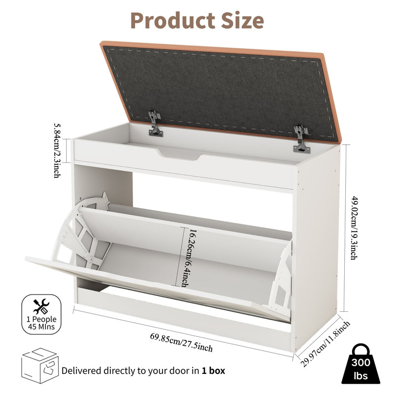 27.5"W Shoe Storage Bench with Cushion, Flip-Top Storage, Entryway White Shoe Rack, White