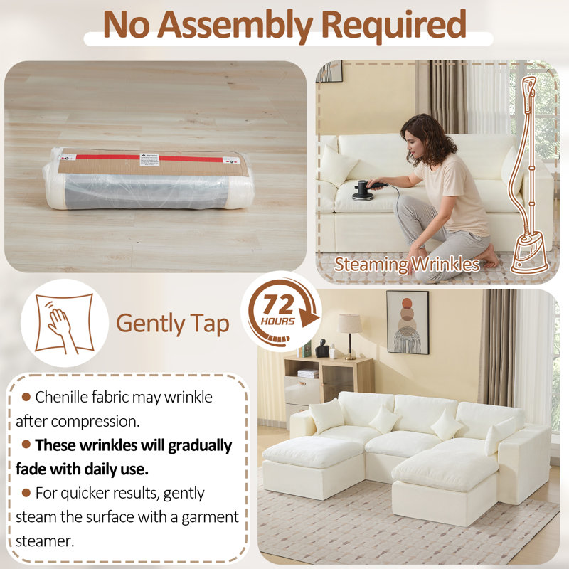 Compression Sectional Couch with 2 Ottomans, Beige Chenille, 5