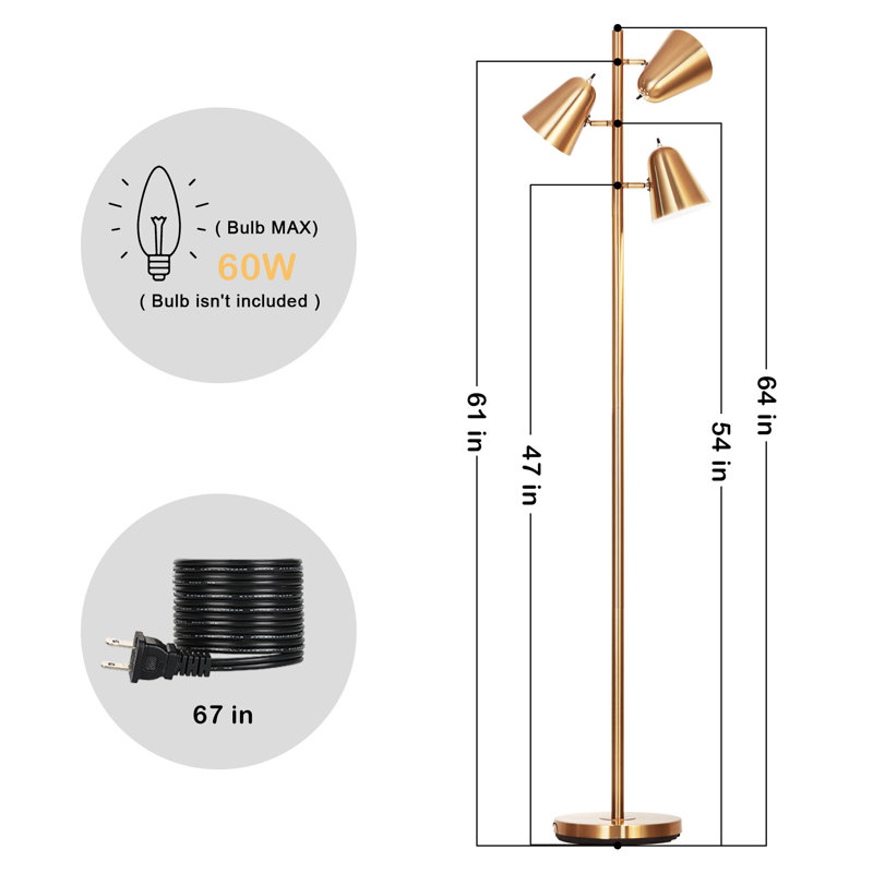 Lampe sur pied dorée réglable de 64 po avec 3 lumières pour le salon sans ampoule
