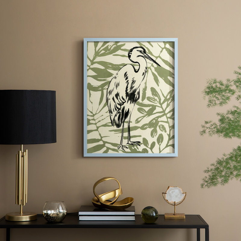 Retro Parlour Heron III Framed Print - Solid Wood, H 15 po x l 12 po, Blue