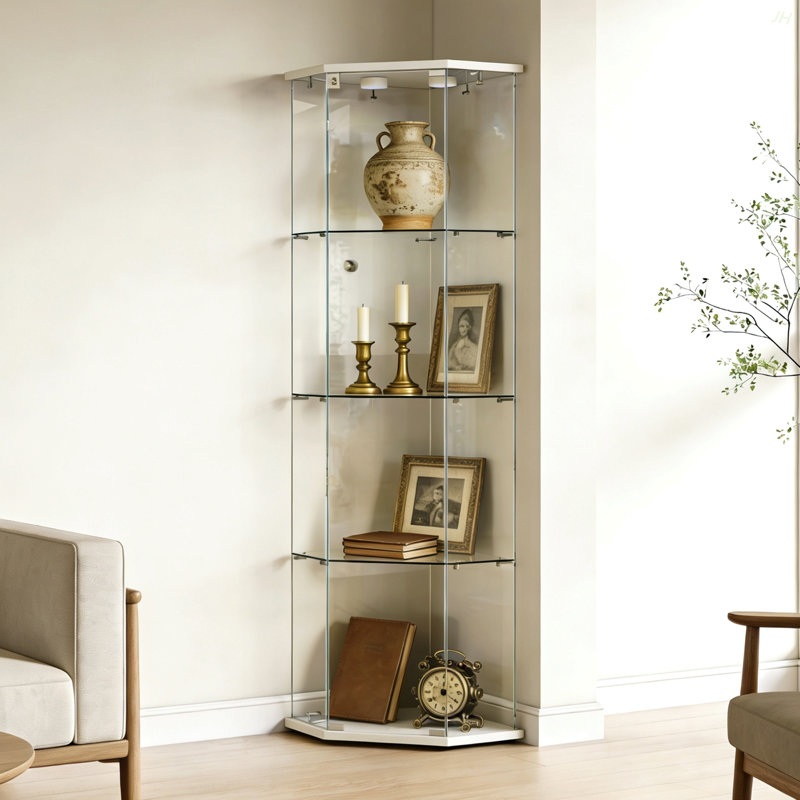 Vitrine à cinq côtés en verre trempé, armoire d'angle, armoire à boissons alcoolisées, avec lumières courantes, avec verrous, pied réglable équipé par le bas, pour différents étages, salon, couloir, bureau