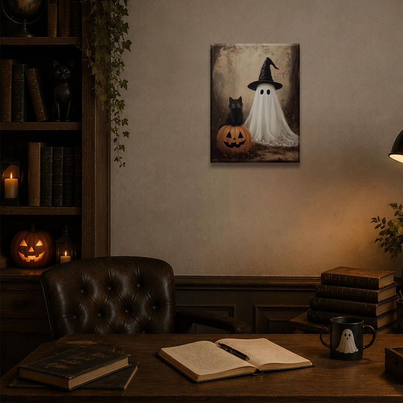 Halloween Ghost with Black Cat Canvas Wall Art 12x16 inch Vintage Halloween Wall Decor, Cute Ghost Witch Hat Art Print