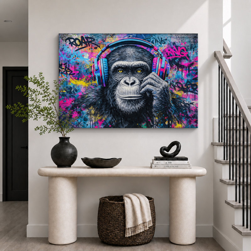 Chimpanzé, casque d'écoute, graffiti, H 24 po x l 36 po x P 1,5 po, Toile tendue