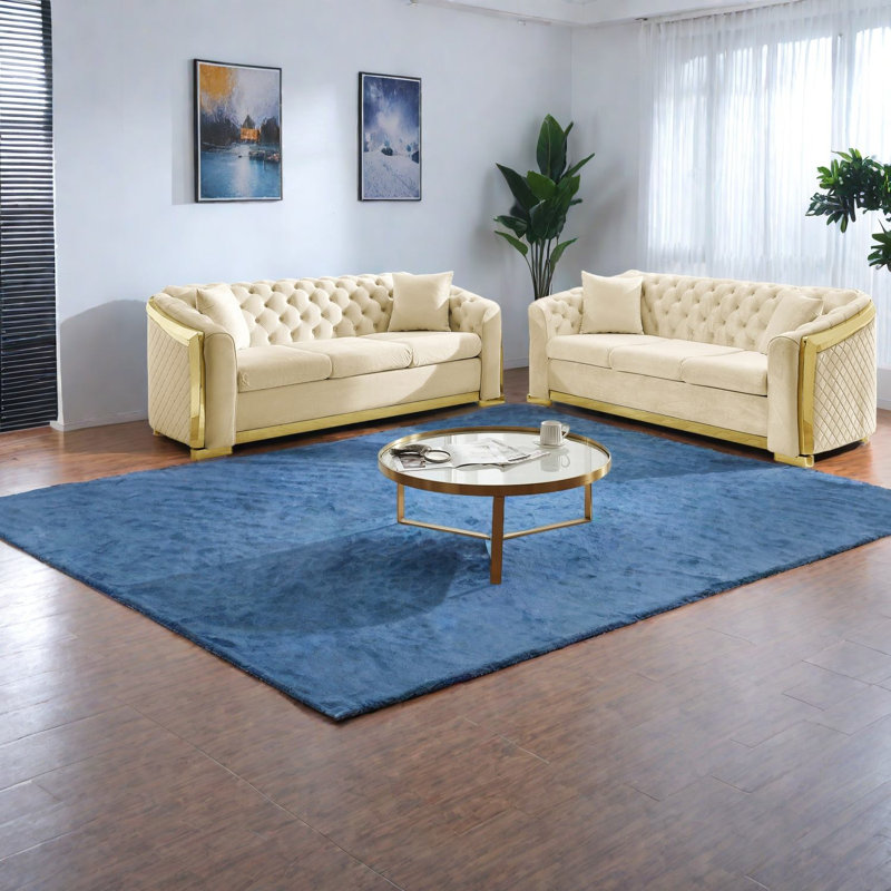 Canapés de luxe 2 pièces, garniture en velours beige, Chesterfield moderne