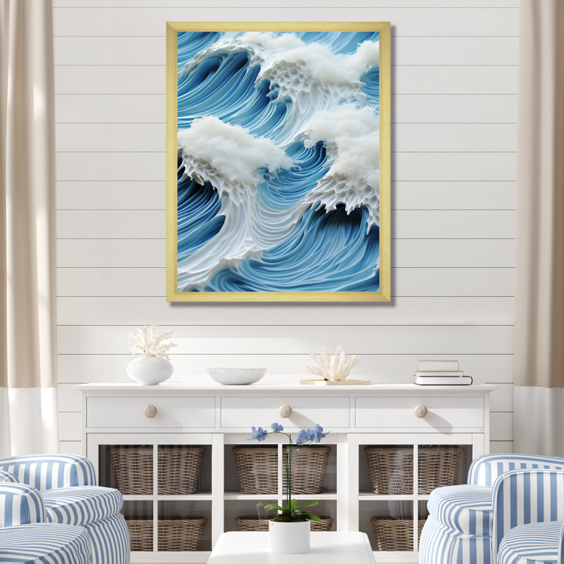 Collage de vagues blanches et bleues - art mural vagues côtières, Cadre simple blanc, H 32 po x l 16 po x P 1 po