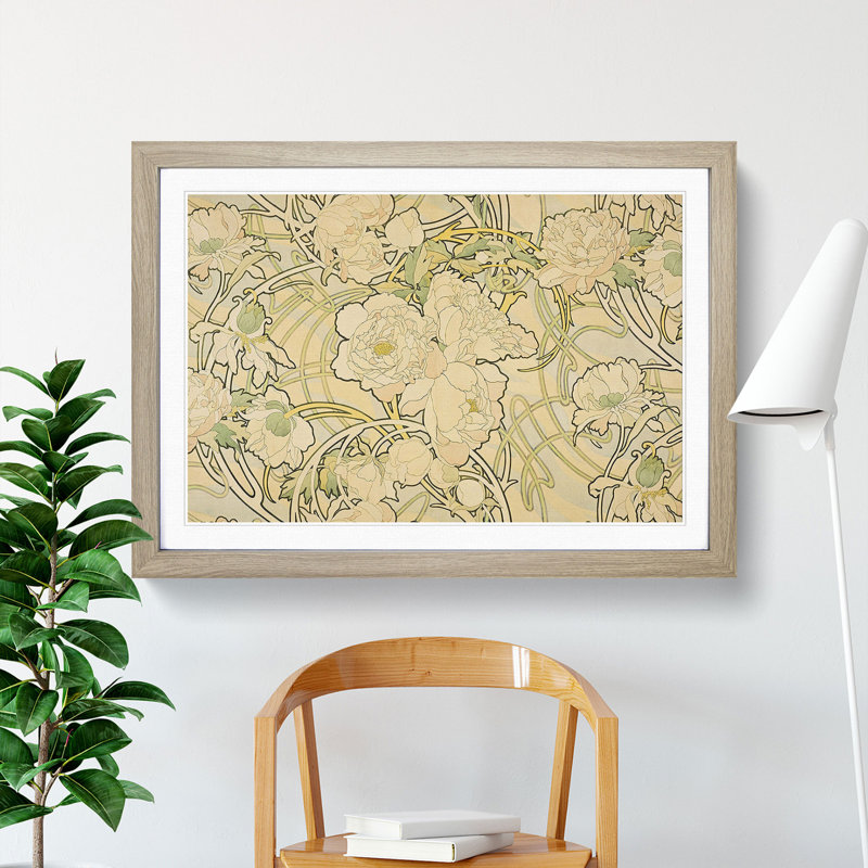 Peonies by Alphonse Mucha - Framed Print, 48cm H x 65cm W x 2cm D, Oak Framed