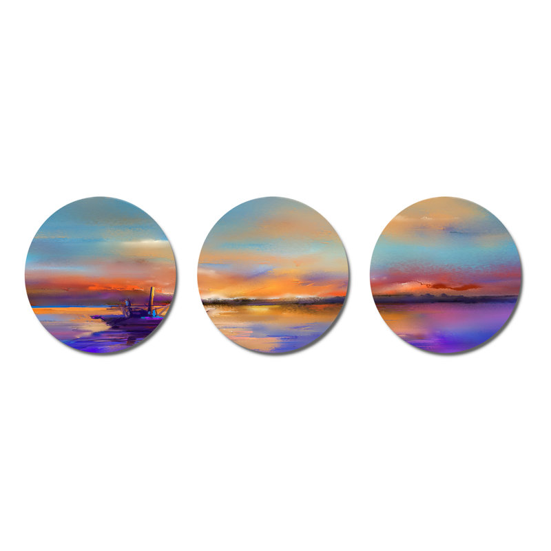 Ensemble de 3 décorations murales coucher de soleil avec petit bateau à l'horizon Horizon I