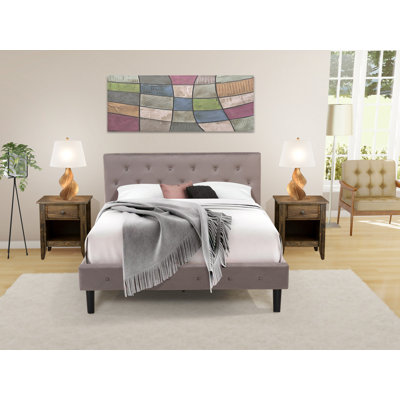 Ensemble de chambre à coucher 3 pièces - Grand lit capitonné à boutons - Tête de lit tapissier en velours taupe brun avec table de chevet à finition jacobine patinée