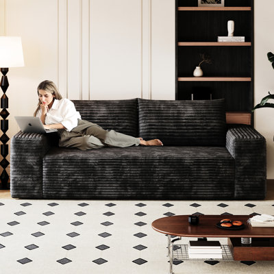 Velours côtelé confortable de 63 po à 2 places, tissu à peau lisse, sans assemblage, noir, mousse à haute densité, style moderne, soutien ergonomique pour des conversations intimes au repos