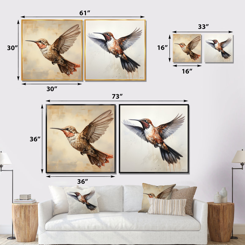 Ensemble de 2 reproductions d'art murales sur fond de colibri brun, Cadre flottant doré, H 16 po x l 33 po x P 1 po