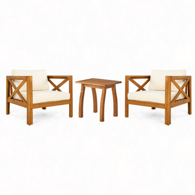 Ensemble de conversation pour patio, siège de loisirs en bois pour l'extérieur (ensemble de 2), fauteuil avec coussins, table de bout en bois d'acacia Selma, coussin
