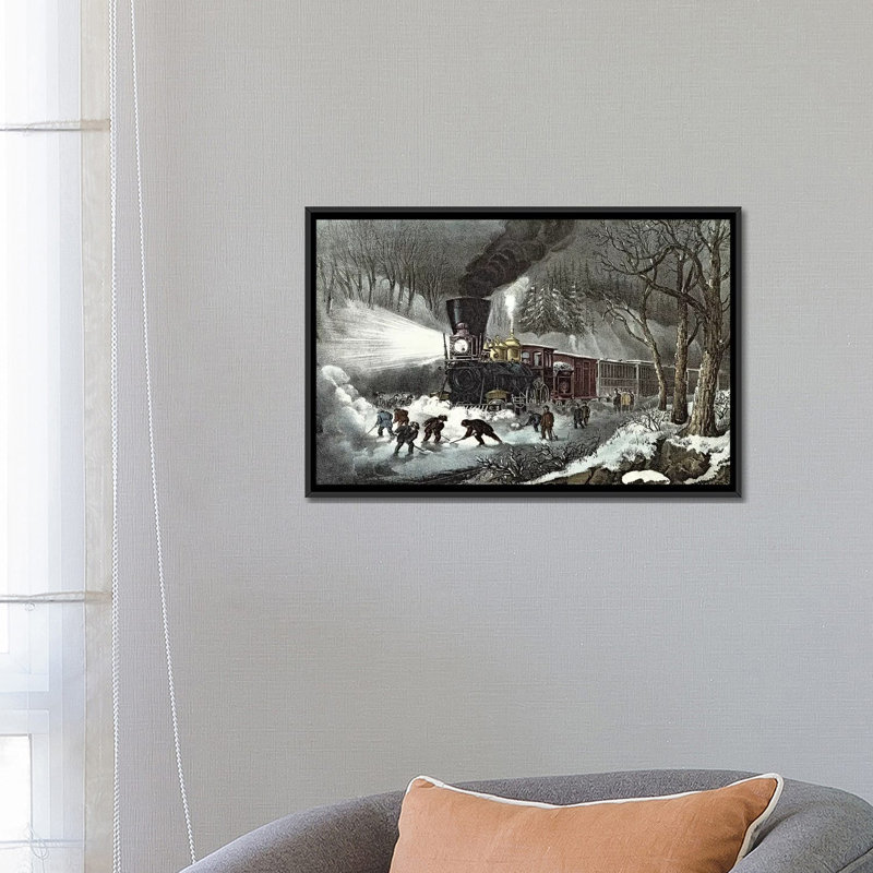 «American Railroad Scene 1871», reproduction sur toile, H 18 po x l 26 po x P 1,5 po, Toile encadrée noire, Pas de tapis