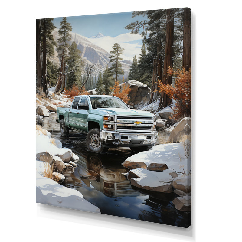 Choual, camionnette blanche Winter Wilderness - impression, Toile tendue, H 32 po x l 16 po x P 1 po