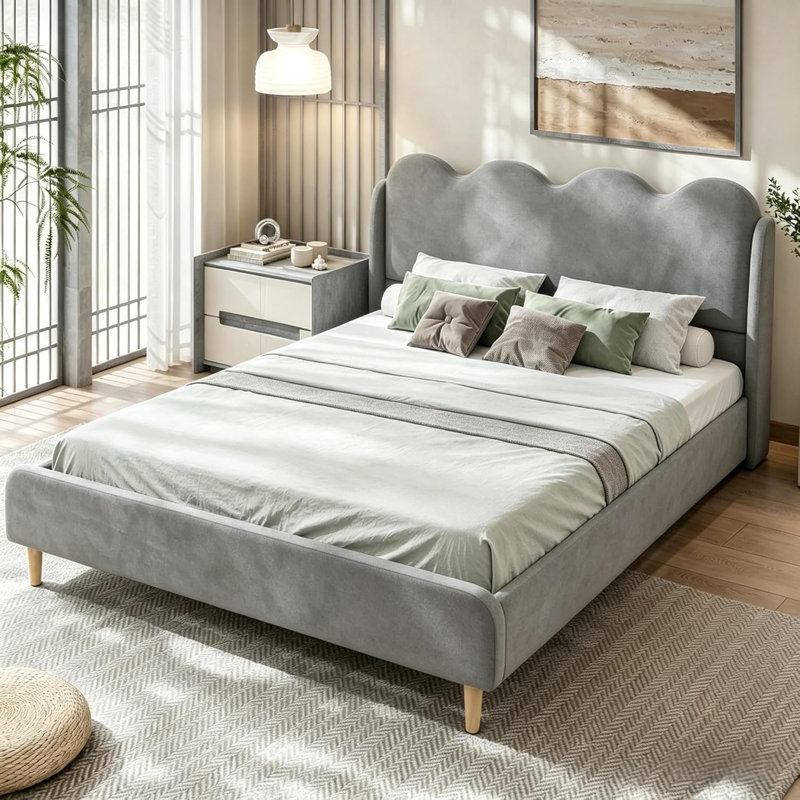 Full Size Velvet Upholstered Platform Bed Frames with Wingback & Scalloped Edges – Modern Minimalist Design, No Box Spring Needed, Black