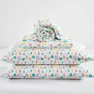 3 Piece Twin Xl Cotton Flannel Printed Sheet With White Holiday Trees Decoration, Warm And Cozy, Machine Washable, Design,
