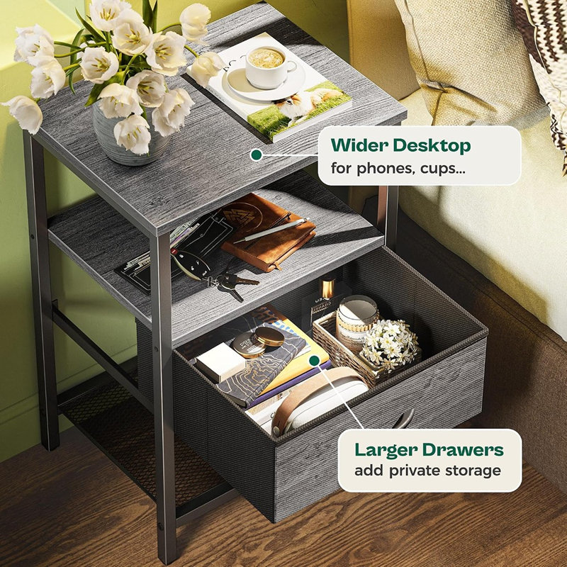 Ensemble de 2 tables de chevet avec tiroir en tissu, étagère en maille et structure en métal – Gris