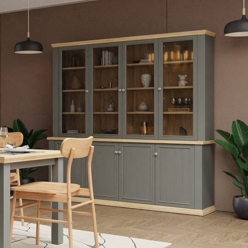 Rosswell Modern cottage style buffet cupboard with 8 doors, engineered wood, dark grey/light oak decor, 198.5 cm W x 202.1 cm H x 43.3 cm D
