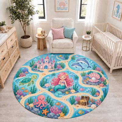 "Ultra Thin" 6' x 6' Mermaid Dolphin Castle Round Area Rug, Soft Low Pile Indoor Rug with Non-Slip Silicone Backing for Nursery, Kids Room, Playroom and Kids
