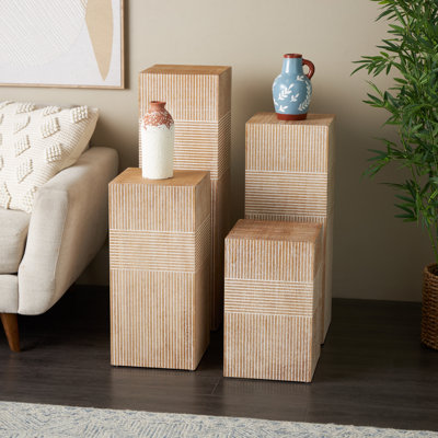 Wood Pillar Style Brown Pedestal Table With Various Sizes Set