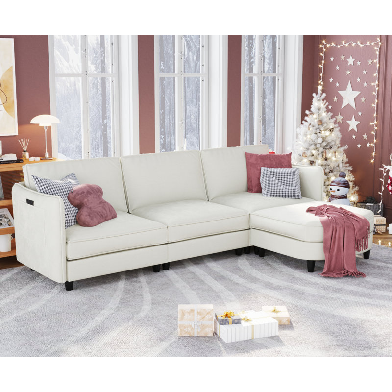 Canapé en L 107,8 po à 3 places avec poche de rangement, Polyester beige