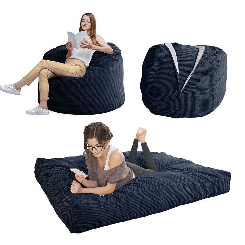 Corduroy Bean Bag Chair & Lounger, Navy Blue Corduroy, 27.6 H x 43.3 x 43.3