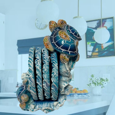  Polyresin Coastal Sea Turtle Coaster Set with Holder Ocean Wave Design for Tabletop Protection
