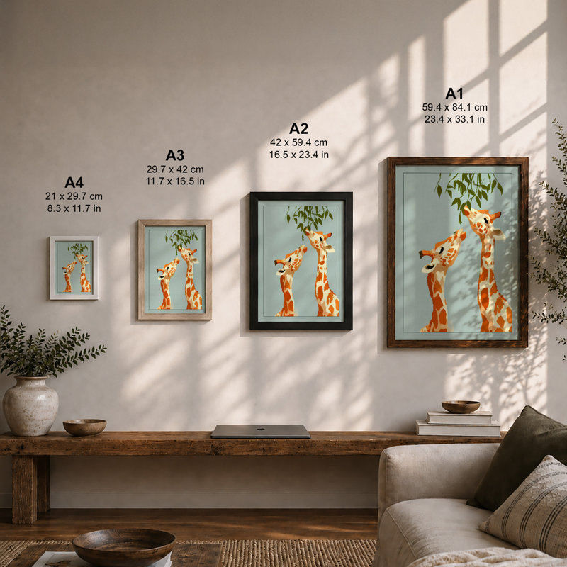 Giraffes Reaching High Modern 1 Piece Single Picture Frame Wall Art, A3 - 42.0 x 29.7 cm, White