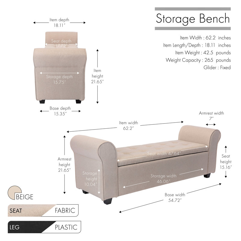 Landaverde Fabric Upholstered Storage Bench, Beige