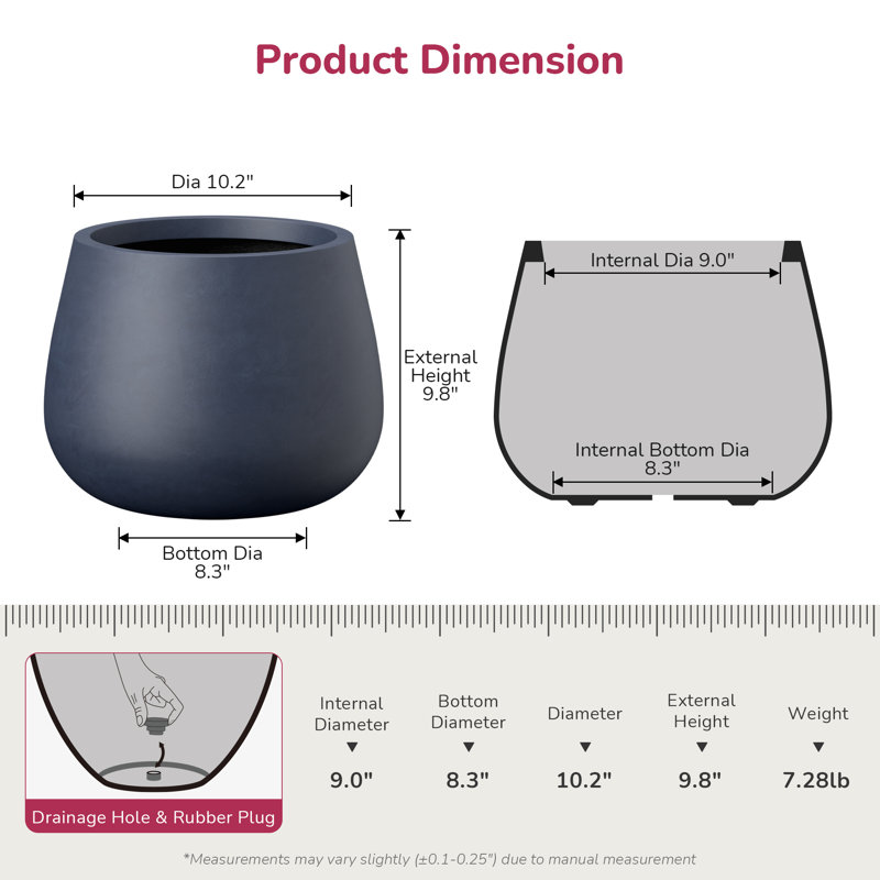 Pot à fleurs rond en béton gris anthracite de 10 po avec trous de drainage pour l'intérieur et l'extérieur, Charcoal Gray