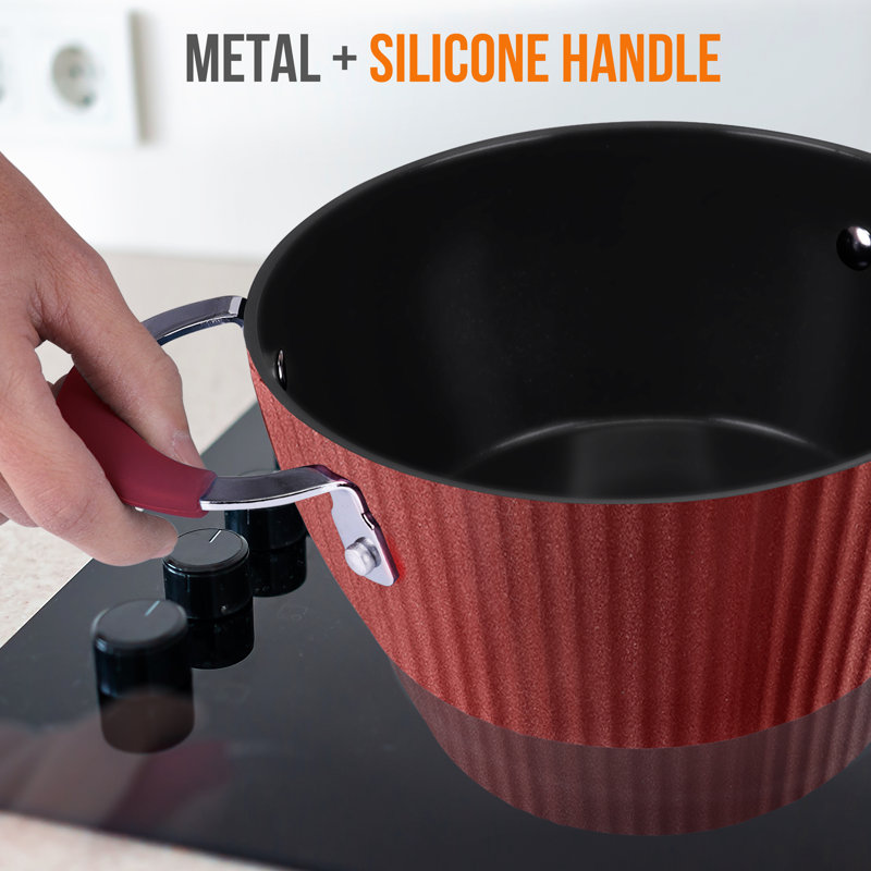 Red Lacquered Aluminum Cooking Pot with Glass Lid, 2.1 Quart