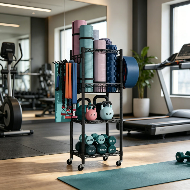 Support à roulettes à 3 niveaux pour haltères, kettlebells, tapis et bandes