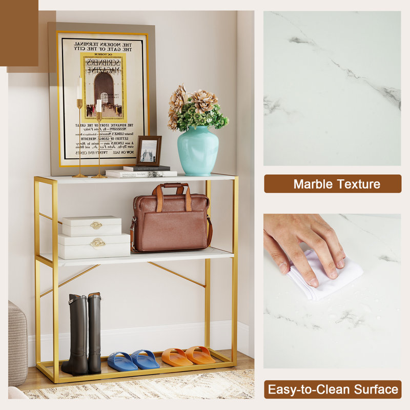 90CM Console Table 2-Tier Entryway Table Modern Luxury Narrow Long Behind Sofa Shelf, Gold, White