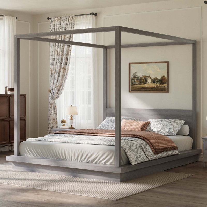 Lit plateforme à baldaquin en bois avec tête de lit, Très grand lit, Gris