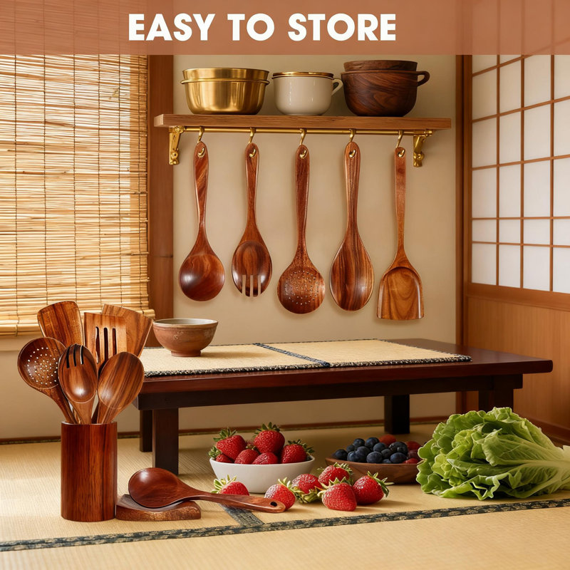 Ensemble d'ustensiles en bois de teck 9 pièces avec support et cuillère, cuillères et spatules en bois naturel pour la cuisine, ustensiles de cuisine anti-rayures
