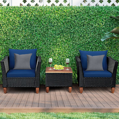 Alizandra 3pcs Outdoor Patio Rattan Furniture Set Wooden Table Top Cushioned Sofa Navy by Lark Manor