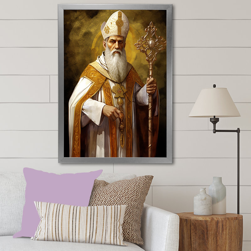 «Golden Priest» sur toile, 32" H x 16" W, White Picture Framed