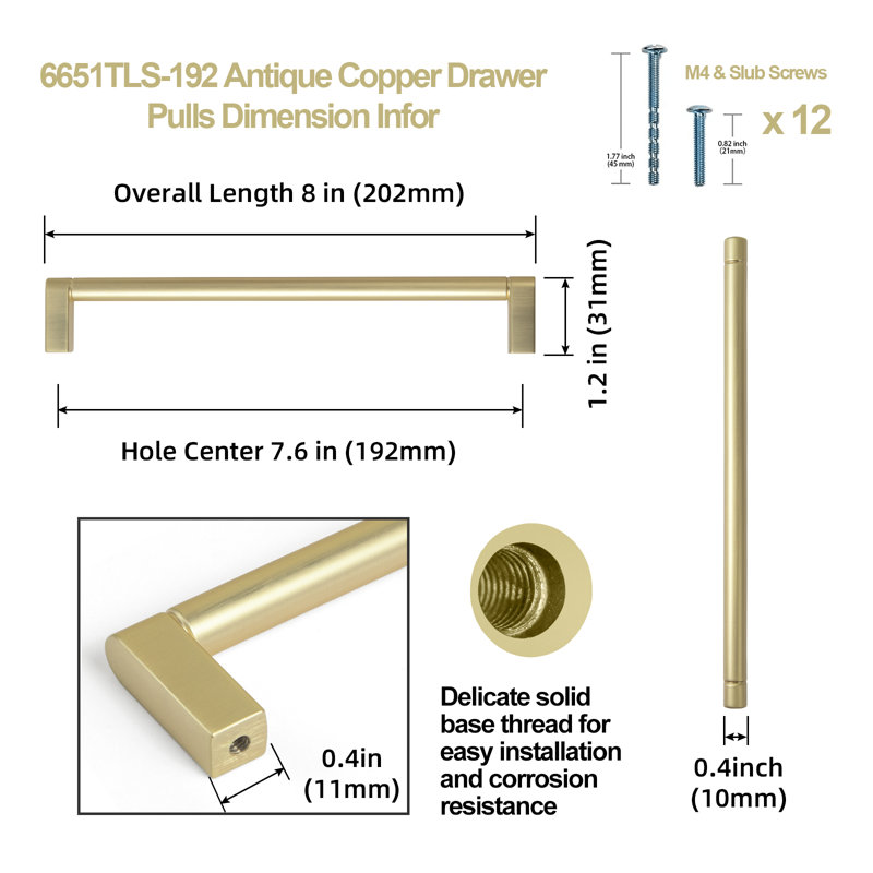 7.56" Center To Center Bar Pull, Light Brushed Brass