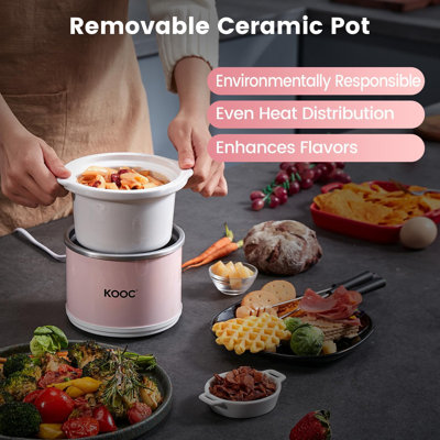 KOOC 0.65-Quart Small Slow Cooker featuring Free Liners for Easy Cleanup, Upgraded Ceramic Pot for Reduced Nutrient Loss, Ideal for Sauces, Stews, and Dips, with a Pink  Stainless Steel Round Design