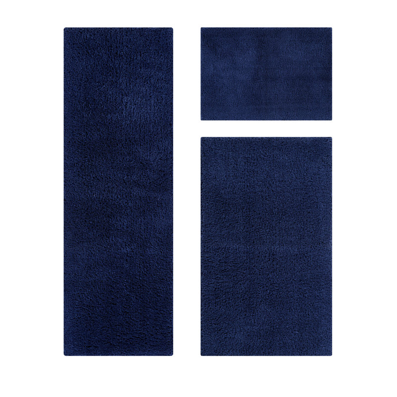 Loida Collection 100% Polyester Machine Washable 3 Piece Plush Bathroom Rug Set, Navy