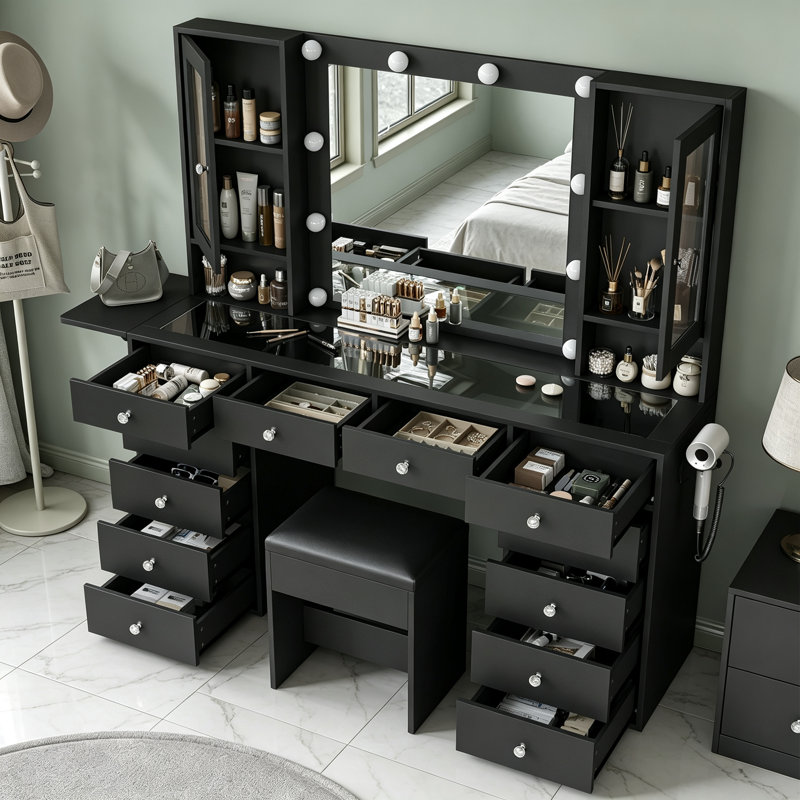 Coiffeuse avec miroir DEL, 14 tiroirs, 2 armoires, station de recharge, plateau en verre et panneau pliable, Noir