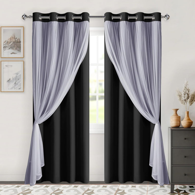 2 Panels Blackout Curtains with Sheer Overlay Thermal Insulated Mix & Match Double Layer Window Panels Drape Sewn with Tiebacks Grommet Top for Bedroom Living Room