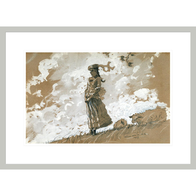 «Shepherdess and Sheep» par Winslow Homer - impression giclée encadrée, 15,86 po H x 21,75 po L