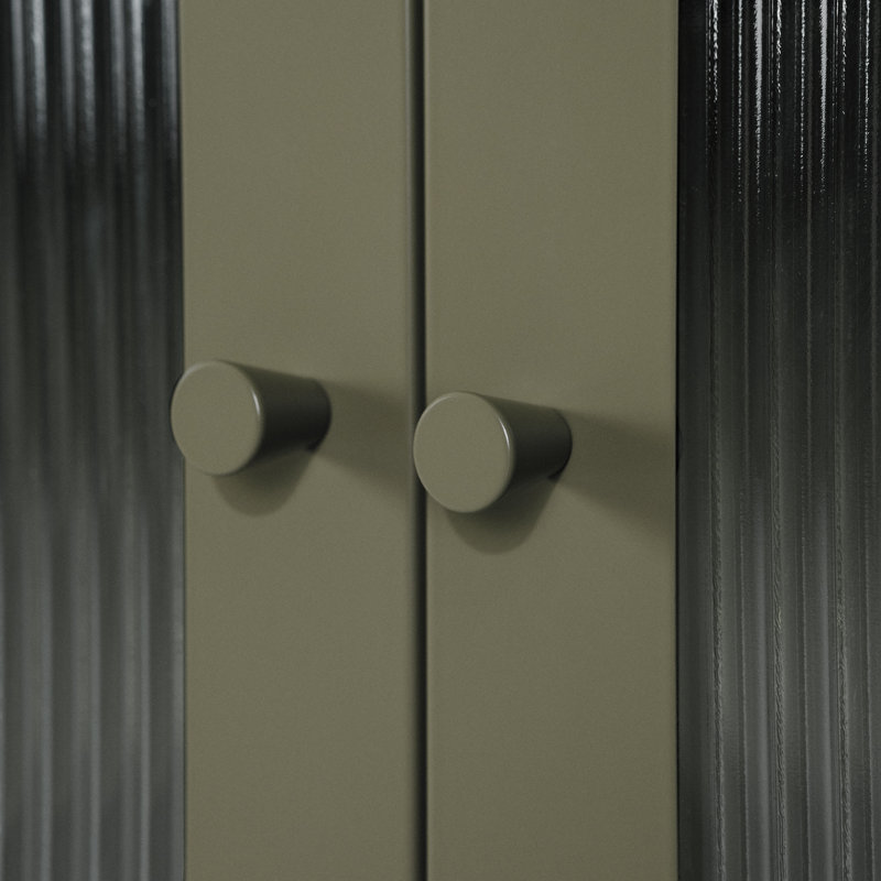 Olive Green Metal Storage Cabinet with Fluted Glass Doors