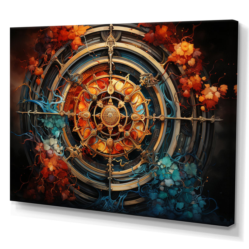 Décoration bouddhiste orange sarcelle - roue spirituelle, décoration murale spirituelle, 30" H x 40" W, Toile tendue