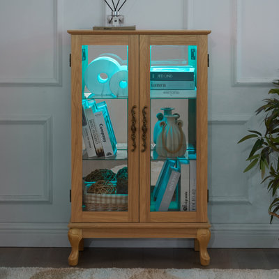 Lighted Curio Cabinet With Tempered Glass Doors And Mirrored Back Panel For Collectibles