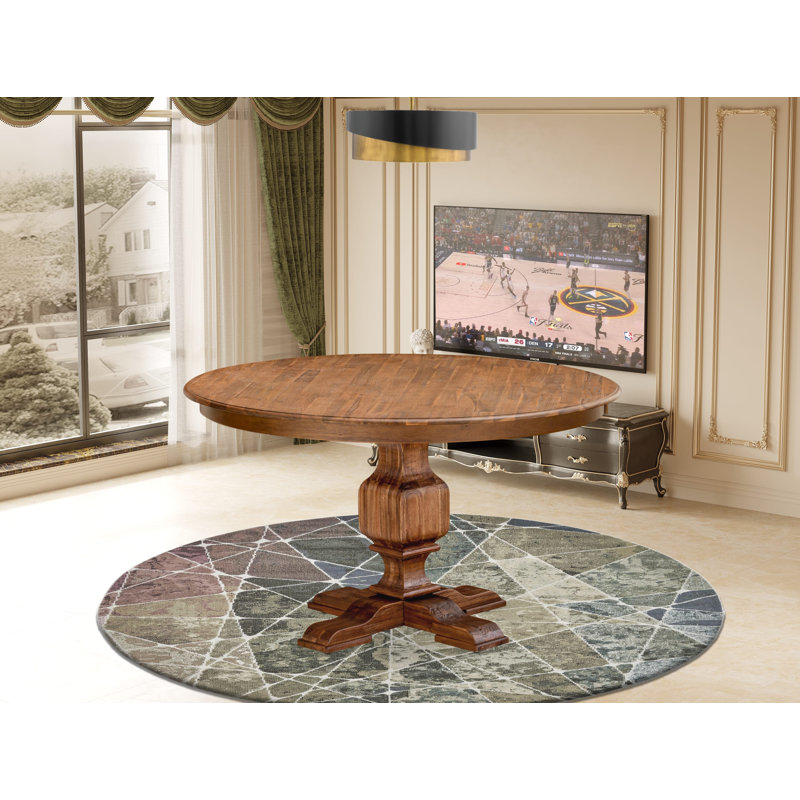 Table de petit-déjeuner ronde avec plateau en bois d'acacia et piédestal élégant - finition noyer antique, Noyer antique