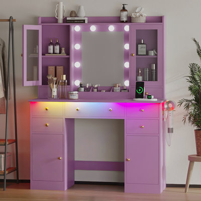 Makeup Vanity Desk with LED Lights and Power Outlet, 43.7" Dressing Table with 7 Drawers, Storage Cabinet & Adjustable RGB Lights