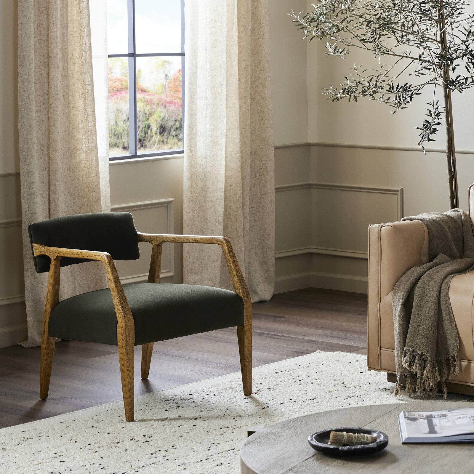 Berthe Oak Genuine Leather Armchair, Loden Performance Velvet